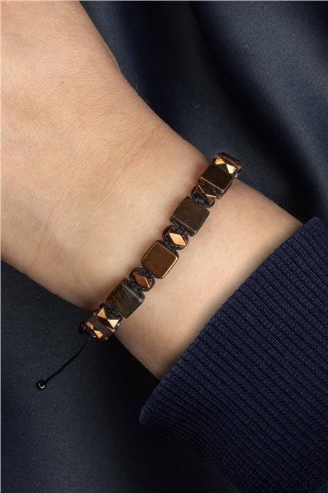 Jasper- Hematit Doğal Taş Kahve Yassı Kare Kanallı Kesim Makrome Bileklik