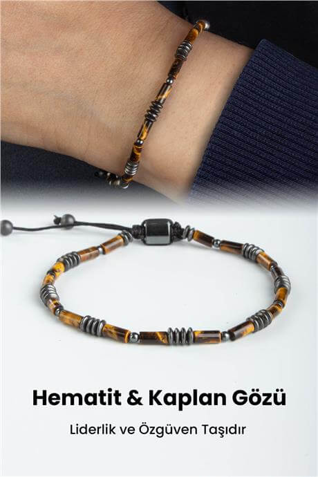 Kaplan Gözü-Hematit Doğal Taş Silindir Kesim 6x3mm Makrome Bileklik
