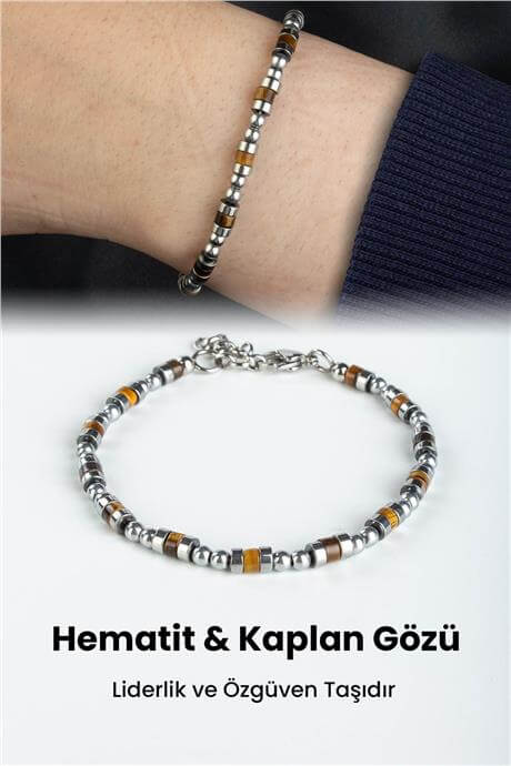 Hematit-Kaplangözü Doğal Taş Rondela Kesim Çelik Erkek Bileklik