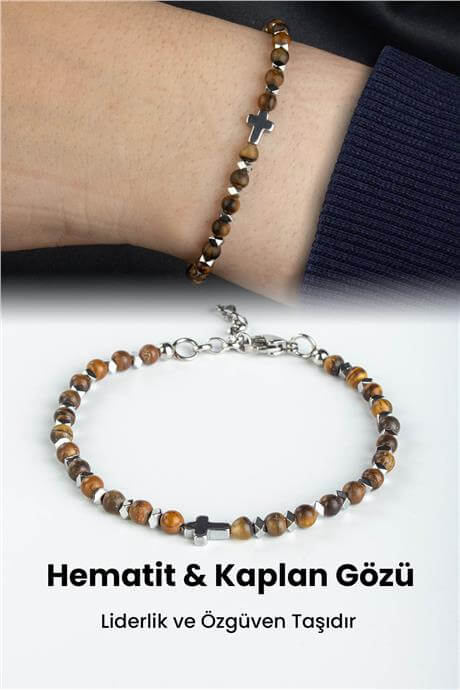 Hematit-Kaplangözü Haç Figürlü Doğal Taş Çelik Erkek Bileklik