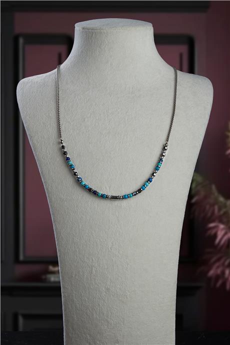 Hematit-Turkuaz Doğal Taş Çelik Erkek Kolye