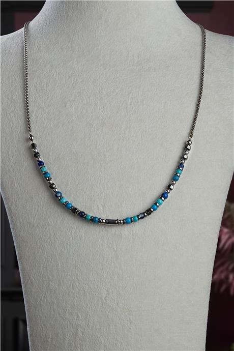 Hematit-Turkuaz Doğal Taş Çelik Erkek Kolye