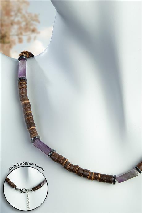 Hindistan Cevizi Ağacı - Ametist Doğal Taş Dikdörtgen Kesim Zincir Kapamalı Kolye