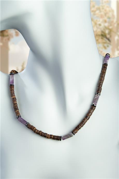 Hindistan Cevizi Ağacı - Ametist Doğal Taş Dikdörtgen Kesim Zincir Kapamalı Kolye