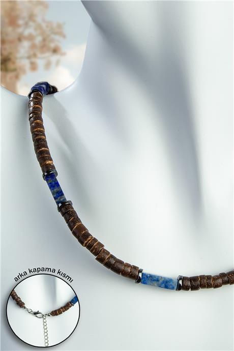Hindistan Cevizi Ağacı - Lapis Lazuli Doğal Taş Dikdörtgen Kesim Zincir Kapamalı Kolye