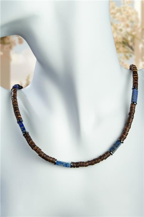 Hindistan Cevizi Ağacı - Lapis Lazuli Doğal Taş Dikdörtgen Kesim Zincir Kapamalı Kolye