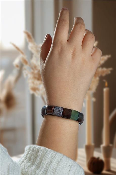 Hint Akik Doğal Taş Bombeli Dikdörtgen Kesim Bileklik