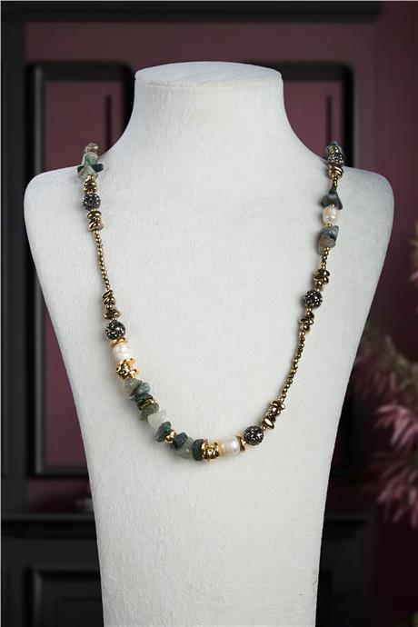 Hint Akik-İnci ve Hematit Doğal Kırık Taş Uzun Çelik Kolye