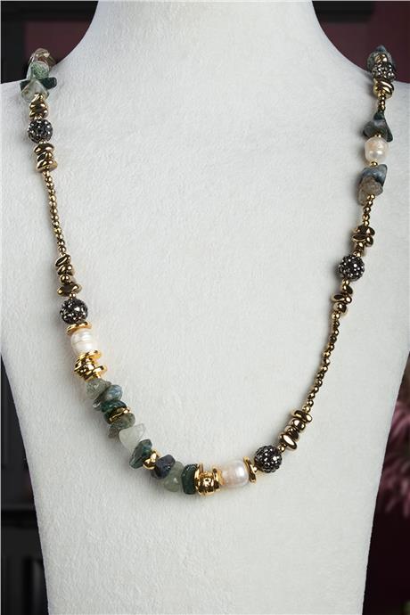 Hint Akik-İnci ve Hematit Doğal Kırık Taş Uzun Çelik Kolye