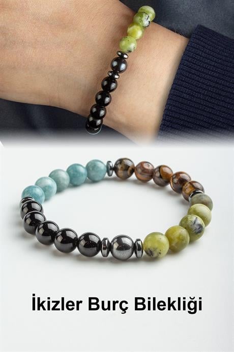 İkizler Burç Bilekliği Oniks-Yeşim-Kaplan Gözü-Akuamarin Doğal Taş 8mm Bileklik