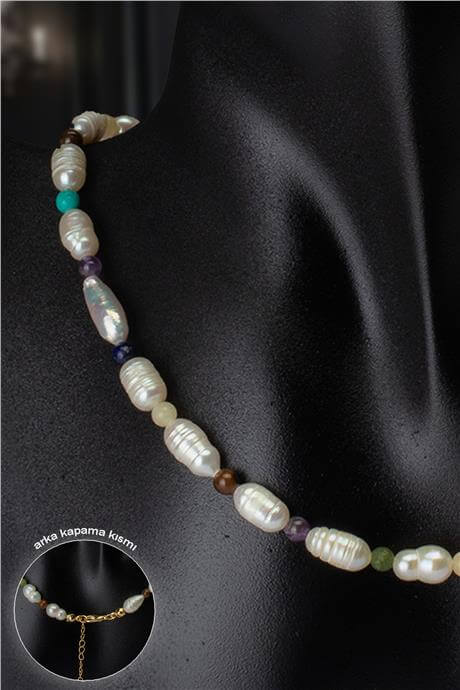 İnci Doğal Taş Arpa Kesim Çakra Taşlı Kolye