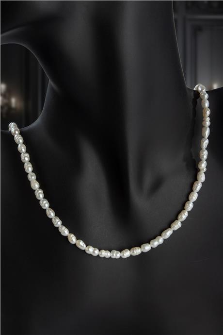 İnci Doğal Taş Arpa Kesim Zincir Kapamalı Kolye