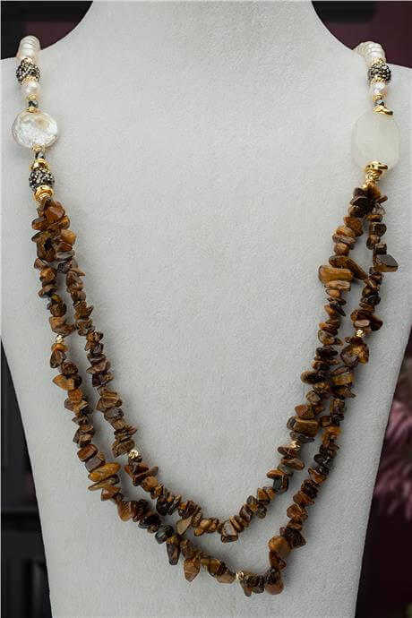 İnci Doğal Taş Karışık 2 li Kaplan Gözü Kırık Taş Markazit Uzun Çelik Kolye