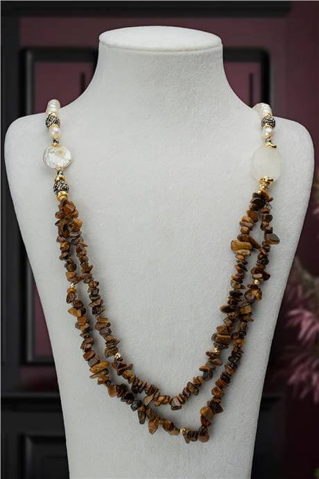 İnci Doğal Taş Karışık 2 li Kaplan Gözü Kırık Taş Markazit Uzun Çelik Kolye