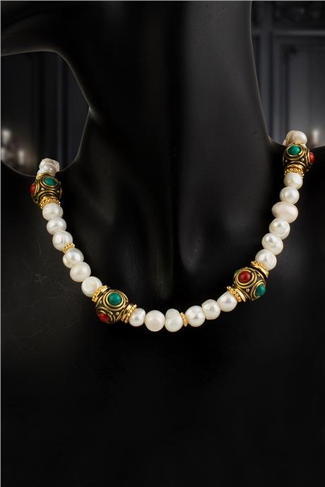 İnci Doğal Taş Küre Kesim Nepal Boncuk Çelik Kolye