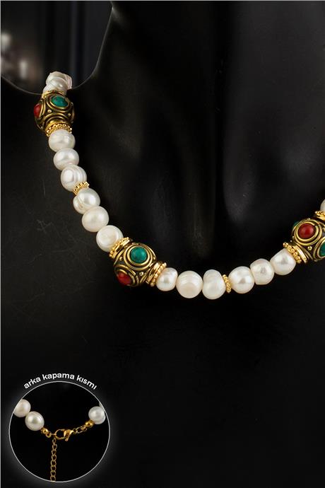 İnci Doğal Taş Küre Kesim Nepal Boncuk Çelik Kolye