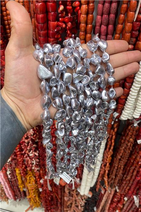 İnci Doğal Taş Parlak Antrasit Gri Amorf Kesim 14x18mm Dizi [AB+]