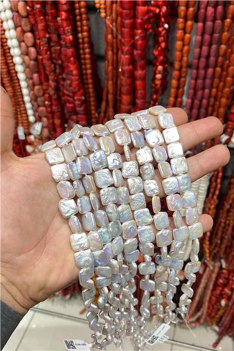 İnci Doğal Taş Parlak Beyaz Yassı Kare Kesim 12x14mm Dizi