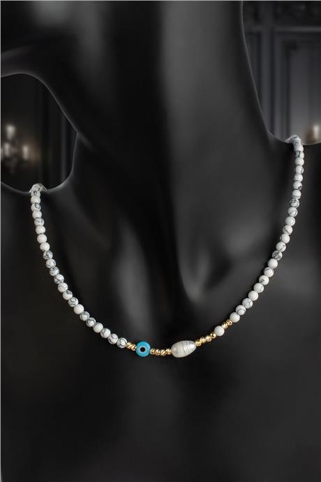 İnci - Havlit Doğal Taş Küre Kesim Zincir Kapamalı Kolye