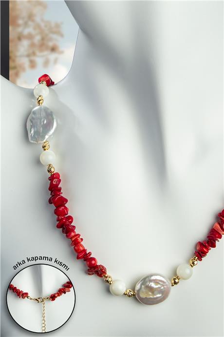 İnci - Mercan Doğal Kırık Taş Zincir Kapamalı Kolye