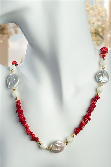 İnci - Mercan Doğal Kırık Taş Zincir Kapamalı Kolye