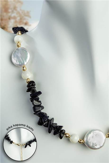 İnci - Oniks Doğal Kırık Taş Zincir Kapamalı Kolye