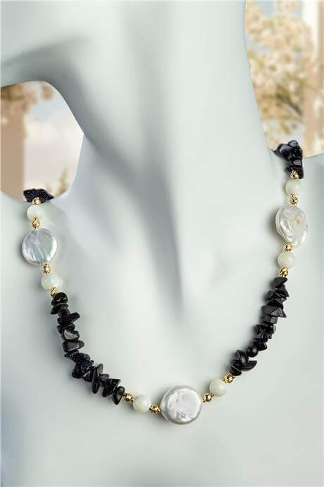 İnci - Oniks Doğal Kırık Taş Zincir Kapamalı Kolye