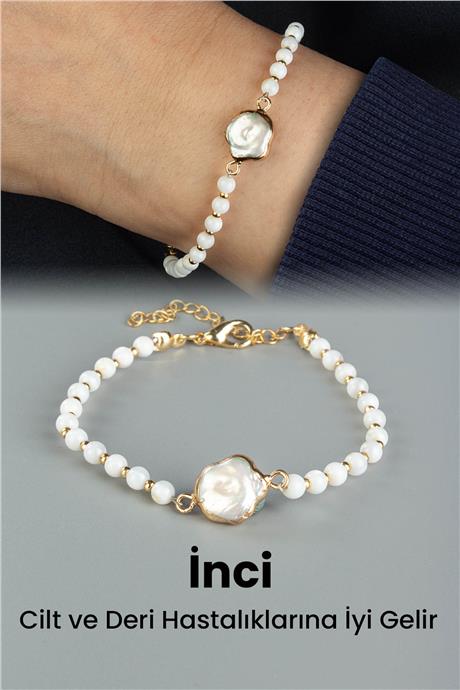 İnci - Sedef Doğal Taş Küre Kesim 3mm Zincir Kapamalı Bileklik