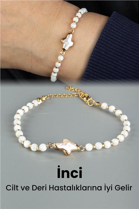 İnci - Sedef Doğal Taş Küre Kesim 3mm Zincir Kapamalı Bileklik