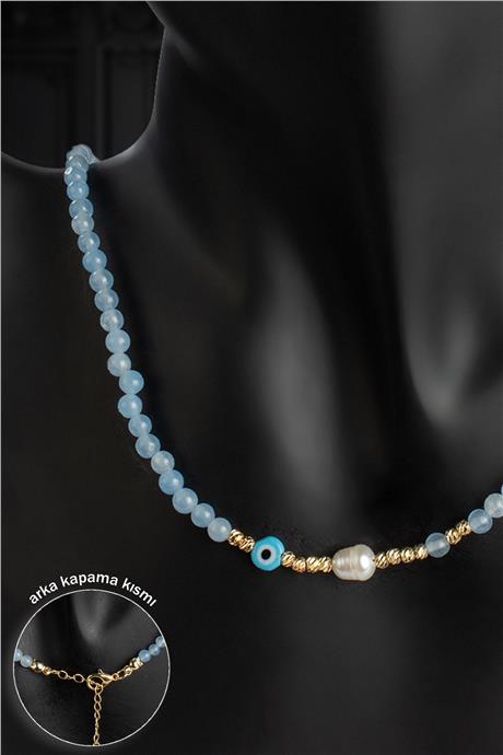 İnci - Sıkma Doğal Taş Mavi Küre Kesim Kolye