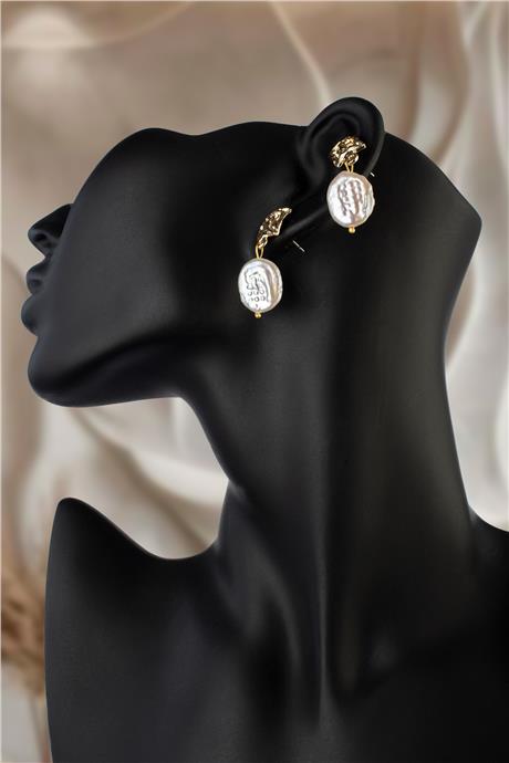 İnci Taşı Oval Amorf Kesim Kare Pimli Doğal Taş Küpe