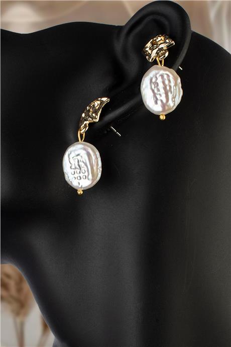 İnci Taşı Oval Amorf Kesim Kare Pimli Doğal Taş Küpe