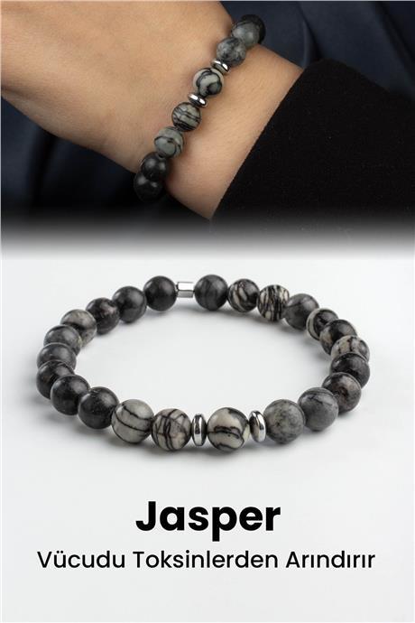 Picasso Jasper Doğal Taş Küre Kesim Parlak Gri 8mm Bileklik