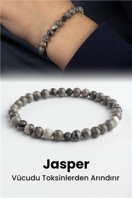 Jasper Doğal Taş Küre Kesim Parlak Gri 6mm Bileklik