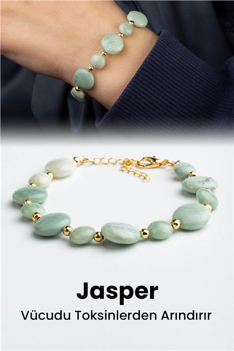 Jasper Doğal Taş Yeşil Yassı Daire Kesim Top Boncuklu Bileklik