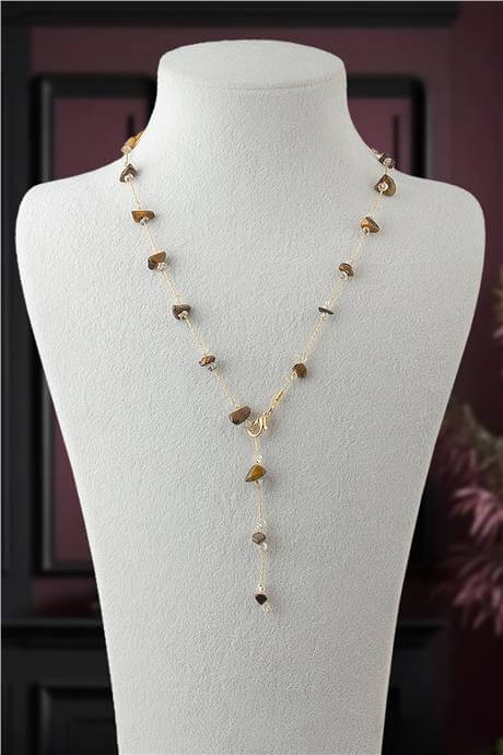 Kaplan Gözü Doğal Kırık Taş Yapıştırma Y Zincir Kolye