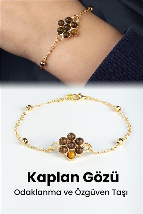 Kaplan Gözü Doğal Taş Çiçek Kesim Zincir Kapamalı Bileklik
