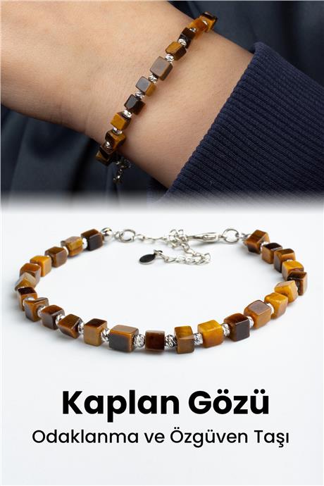 Kaplan Gözü Doğal Taş Küp Kesim Zincir Kapamalı Bileklik