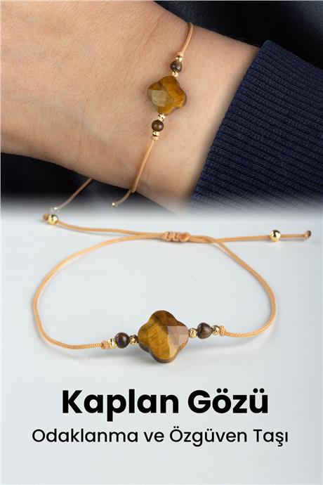 Kaplan Gözü Doğal Taş Yonca Kesim Makrome Bileklik