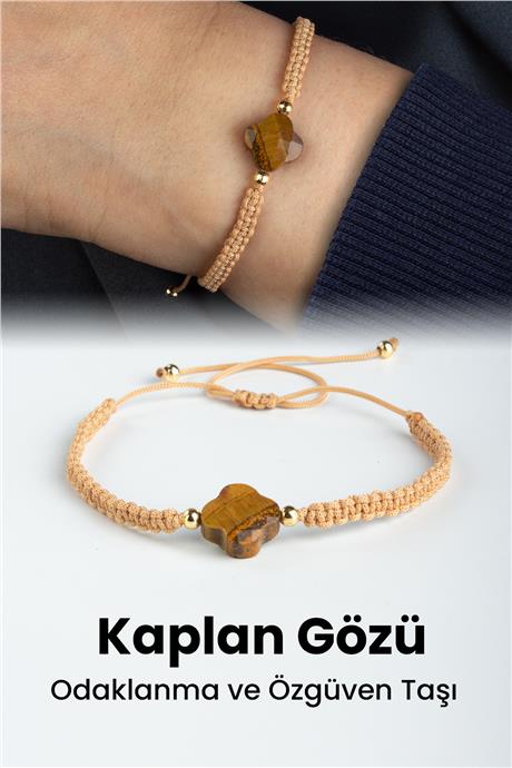 Kaplan Gözü Doğal Taş Yonca Kesim Makrome Bileklik