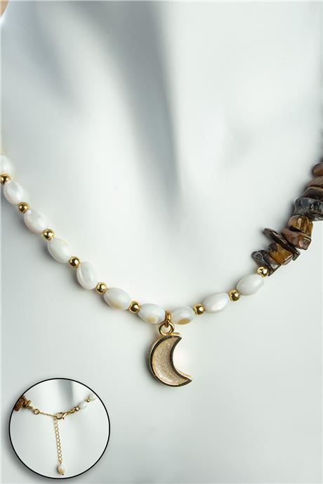 Kaplan Gözü - Sedef Doğal Taş Arpa Kesim Ay Figürlü Zincir Kapamalı Kolye