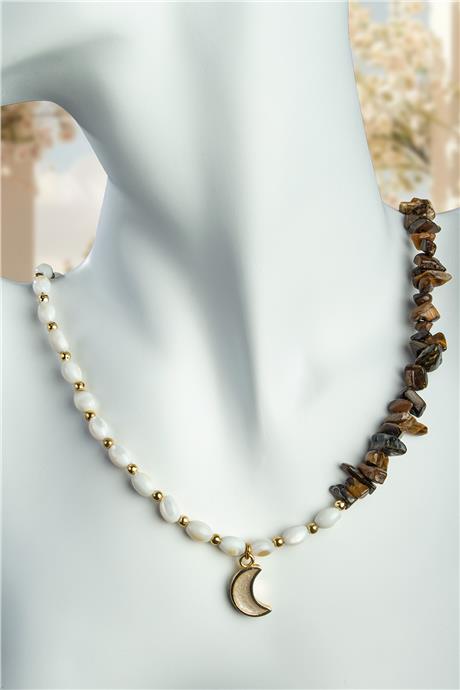 Kaplan Gözü - Sedef Doğal Taş Arpa Kesim Ay Figürlü Zincir Kapamalı Kolye