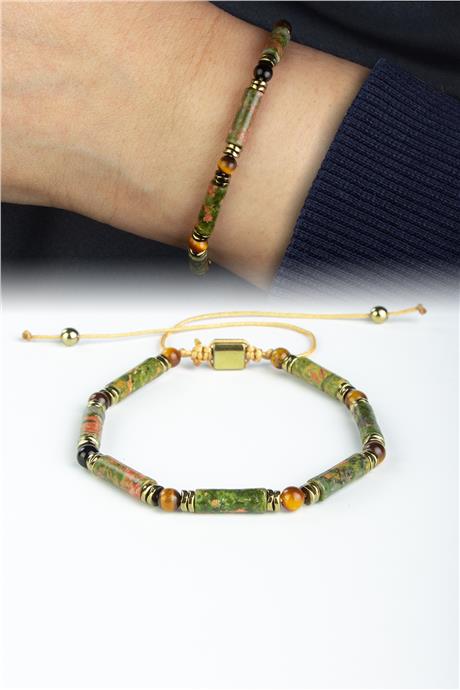 Unakit-Kaplangözü Doğal Taş Silindir Kesim 4x13mm Küre Taşlı Makrome Bileklik