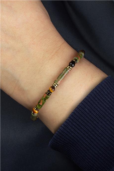 Unakit-Kaplangözü Doğal Taş Silindir Kesim 4x13mm Küre Taşlı Makrome Bileklik