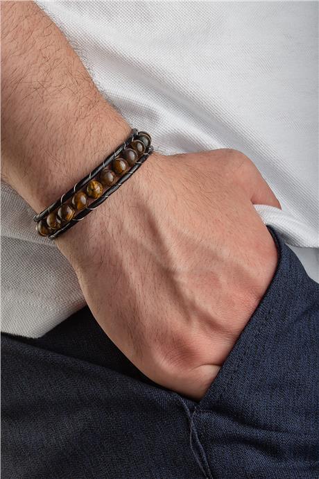 Kaplangözü Doğal Taş 8mm Wrap Deri Erkek Bileklik