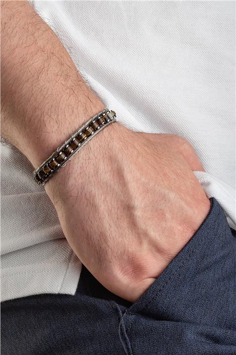 Kaplangözü Doğal Taş Çelik Tel Örmeli Deri Erkek Bilekliği