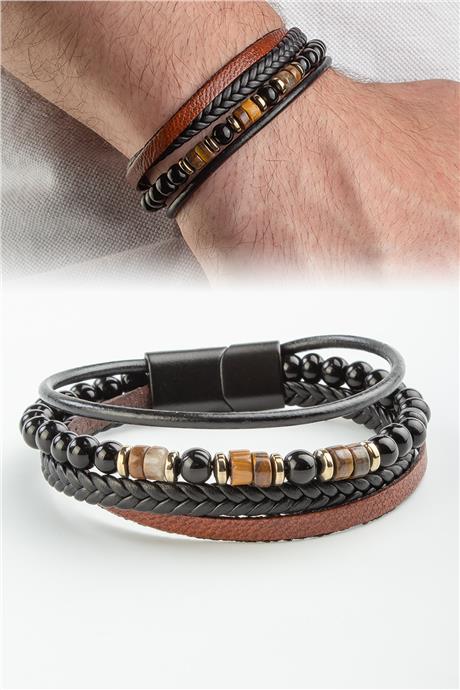 Kaplangözü Rondela Kesim Deri Kahverengi Dörtlük Erkek Bilekliği