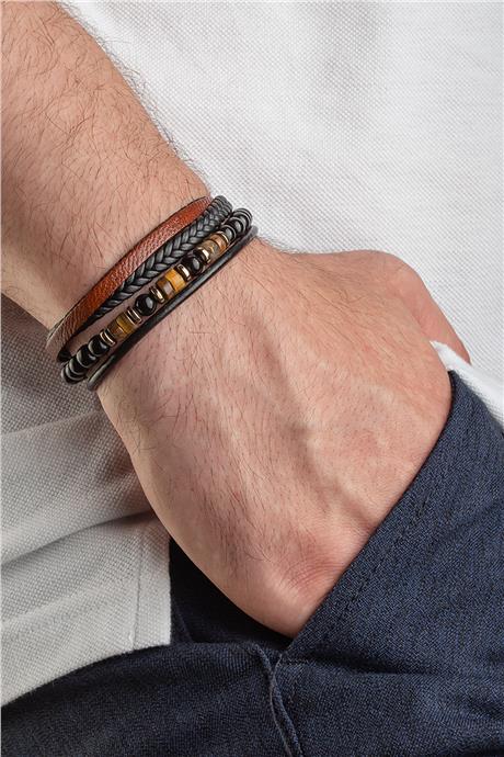 Kaplangözü Rondela Kesim Deri Kahverengi Dörtlük Erkek Bilekliği