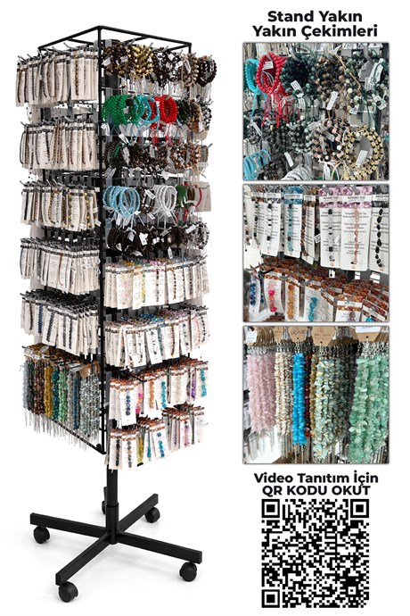 Karışık Doğal Taş Bileklik Standı - 360° Döner Tekerlekli Takı Standı