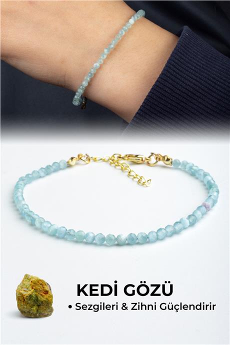Kedi Gözü Doğal Taş Mavi Kristal Küre Kesim 3mm Zincir Kapamalı Bileklik